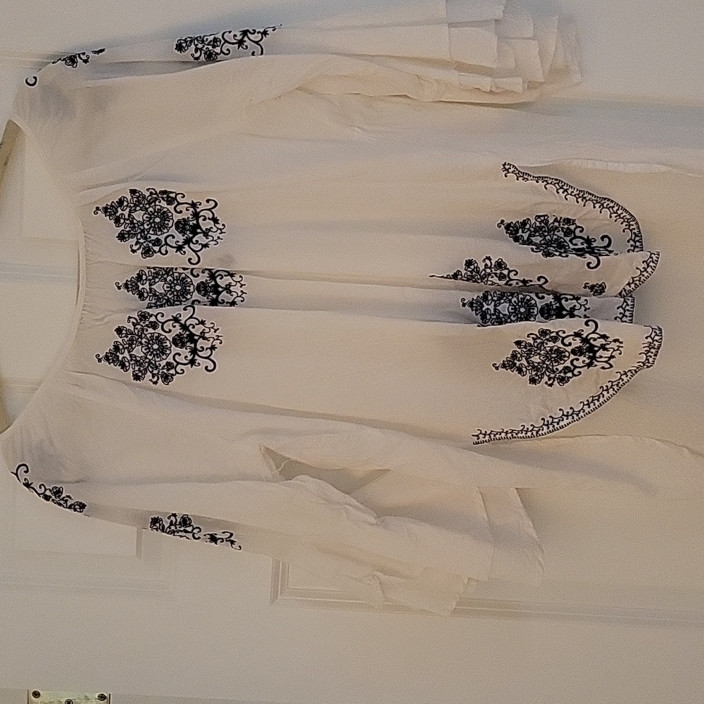 Elegant White Blouse with Black Embroidery